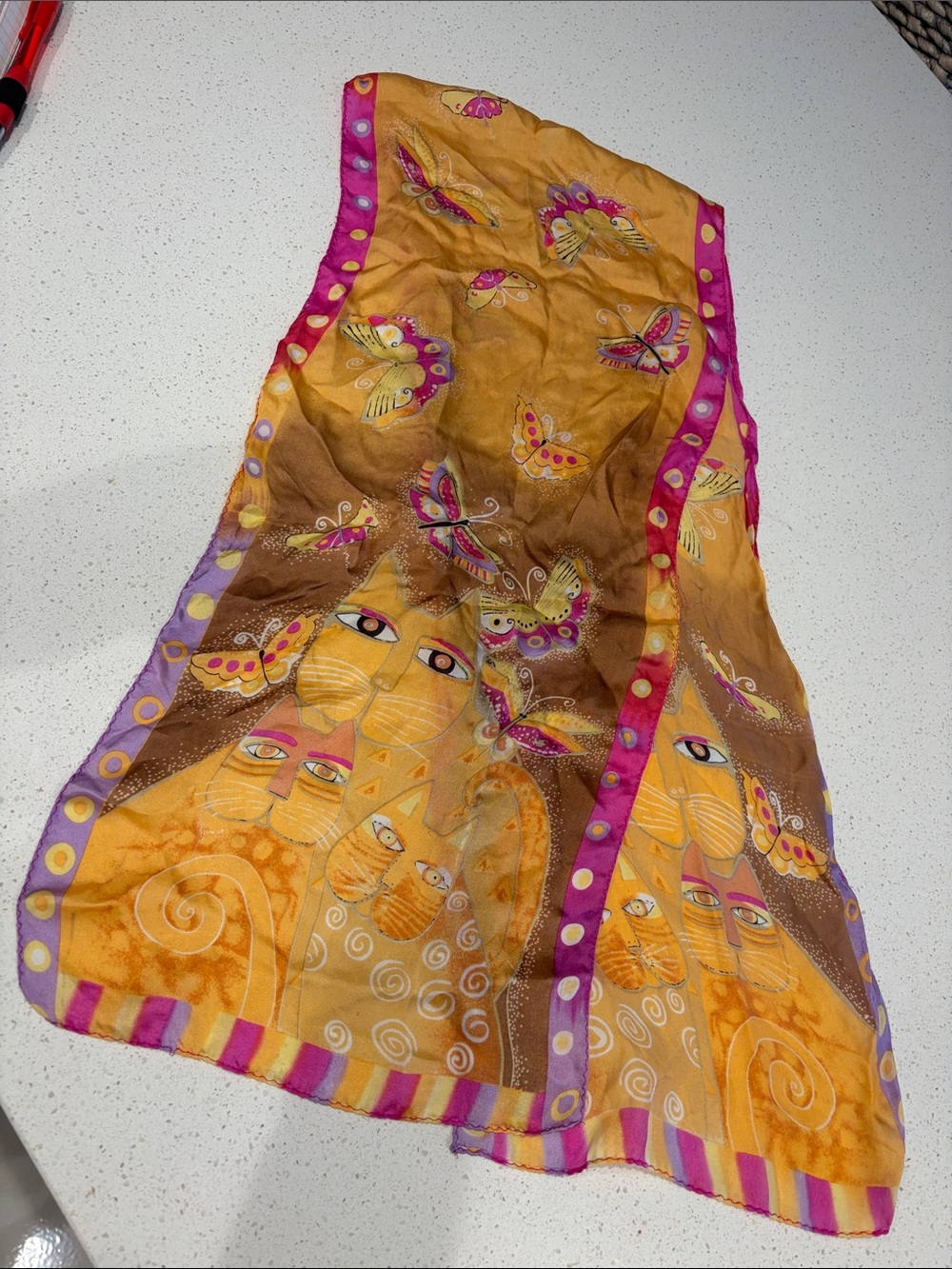 Laurel Burch - Yellow & Pink Butterfly Cat Print Silk Scarf.